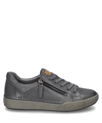 The graphite-colored sneaker is made of smooth material and features lacing as a closure. Special features include a side zipper and a contrasting textured sole.