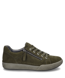 Baskets en daim vert olive avec lacets et fermeture éclair latérale. La semelle robuste gris clair et la couture discrète donnent à la chaussure un look décontracté.