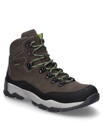 The ankle boot is made of sturdy brown leather with black and green accents. It features lacing and a durable sole ideal for outdoor activities.