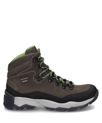 The ankle boot is made of sturdy brown leather with black and green accents. It features lacing and a durable sole ideal for outdoor activities.