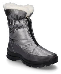 Silberfarbener Stiefel aus glänzendem Material mit einem Reißverschluss an der Seite. Der Stiefel hat eine dicke schwarze Sohle und eine weiße Innenfütterung für zusätzlichen Komfort.