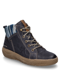 Dunkelblaue Stiefelette aus Leder mit Schnürung warmem Innenfutter und gestricktem mehrfarbigem Schaftabschluss. Die Sohle ist aus strapazierfähigem Gummi und bietet guten Halt.