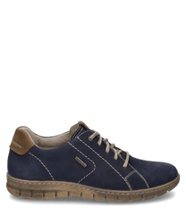 Chaussure en cuir bleu foncé avec des lacets beiges et des coutures contrastées. La chaussure a une partie arrière marron et une semelle beige flexible qui assure le confort.