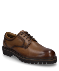 La chaussure demi-botte en cuir marron se distingue par un laçage robuste et une semelle profilée. Le matériau lisse et la couture discrète confèrent à la chaussure un aspect classique.