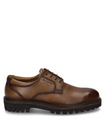 La chaussure demi-botte en cuir marron se distingue par un laçage robuste et une semelle profilée. Le matériau lisse et la couture discrète confèrent à la chaussure un aspect classique.