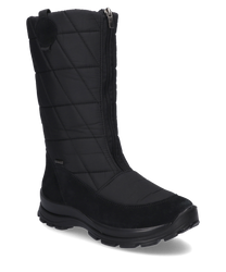 The image shows a black boot with a quilted fabric upper and suede accents. It features a zipper closure on the side providing easy access and a snug fit ideal for cold weather.