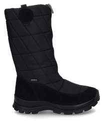 The image shows a black boot with a quilted fabric upper and suede accents. It features a zipper closure on the side providing easy access and a snug fit ideal for cold weather.