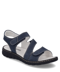 La sandaletta in pelle blu scuro è dotata di una pratica chiusura in velcro. Offre una robusta suola nera e cuciture bianche a contrasto per uno stile aggiuntivo.