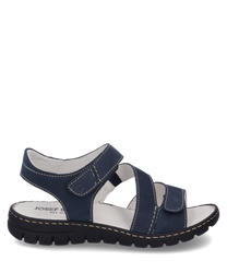 La sandaletta in pelle blu scuro è dotata di una pratica chiusura in velcro. Offre una robusta suola nera e cuciture bianche a contrasto per uno stile aggiuntivo.