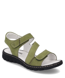 Sandale verte avec fermeture velcro fabriquée en cuir doux. La semelle est noire et profilée pour une meilleure adhérence.