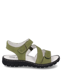 Sandale verte avec fermeture velcro fabriquée en cuir doux. La semelle est noire et profilée pour une meilleure adhérence.