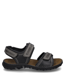 Sandalo nero con chiusura in velcro realizzato in pelle robusta. La suola è imbottita e offre un elevato comfort di calzata ideale per l'uso quotidiano.