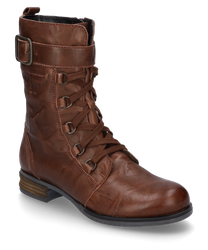 Brauner Lederstiefel mit seitlichem Reißverschluss und Schnürung. Der Stiefel hat einen breiten Schnallenriemen am Schaft und eine robuste flache Sohle.