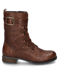 Brauner Lederstiefel mit seitlichem Reißverschluss und Schnürung. Der Stiefel hat einen breiten Schnallenriemen am Schaft und eine robuste flache Sohle.