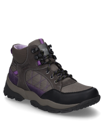 The ankle boot with lacing is made of durable brown textile material with purple accents. It features a grippy sole and reinforced toe cap making it ideal for outdoor activities.