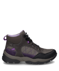 The ankle boot with lacing is made of durable brown textile material with purple accents. It features a grippy sole and reinforced toe cap making it ideal for outdoor activities.