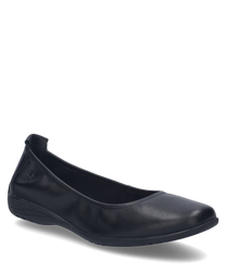 Zwarte ballerina-schoenen van glad materiaal met elastiek voor een veilige pasvorm. De schoen heeft een slanke silhouet en een licht geprofileerde zool voor extra comfort.