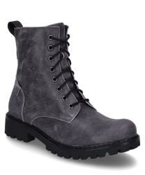 Grauer Stiefel aus Wildleder mit Schnürung. Robuste schwarze Sohle und dezentes Label am Schaft.
