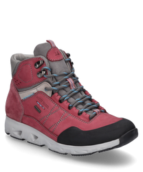 The sneaker is made of durable red suede with gray textile accents. It features lacing and a distinctive white sole that gives it a sporty look.