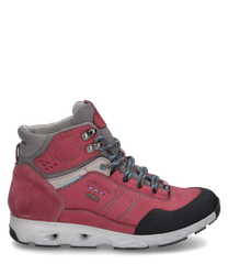 The sneaker is made of durable red suede with gray textile accents. It features lacing and a distinctive white sole that gives it a sporty look.