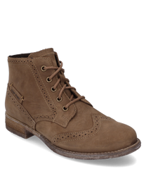 La botte brune en cuir a un laçage élégant et de délicates décorations en perforation. Elle offre un look classique avec un talon robuste et des détails de marque discrets sur le côté.