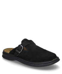 Ein schwarzer Clog mit einer bequemen Passform gefertigt aus weichem Material. Der Schuh verfügt über eine silberne Schnalle als Verschluss die dem Design einen eleganten Touch verleiht.