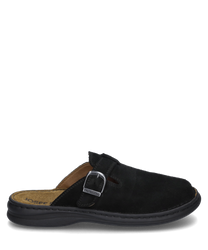 Ein schwarzer Clog mit einer bequemen Passform gefertigt aus weichem Material. Der Schuh verfügt über eine silberne Schnalle als Verschluss die dem Design einen eleganten Touch verleiht.
