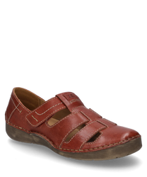 Chaussure demi-ouverte en cuir rouge avec fermeture velcro. Les particularités sont les coutures décoratives et les détails découpés qui assurent une bonne ventilation.