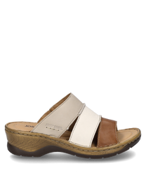 The clog in cognac-multi features an elegant design with a material mix of various light and dark brown tones. The shoe has a practical elastic band and a sturdy sole for added comfort.