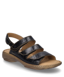 Black leather sandal with Velcro closure and comfortable light brown sole. The sandal features three adjustable straps for optimal support and a simple elegant design.