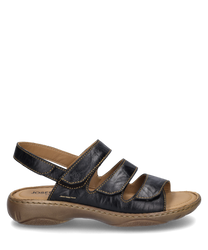 Black leather sandal with Velcro closure and comfortable light brown sole. The sandal features three adjustable straps for optimal support and a simple elegant design.