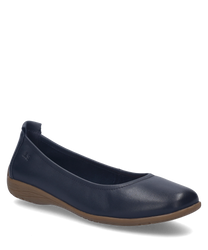 Indigo-kleurige ballerina-schoenen van glad materiaal met elastische band als sluiting. De schoenen hebben een bruine zool en zijn ontworpen voor een comfortabele pasvorm.
