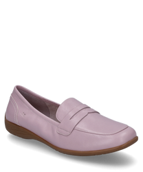 La scarpa ballerina di colore viola colpisce per il suo materiale morbido e liscio e una pratica chiusura con elastico. La suola marrone offre un bel contrasto con il delicato viola della parte superiore.