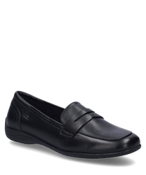 Schwarze Ballerina mit Gummizug aus glattem Leder gefertigt. Der Schuh hat eine elegante schlichte Form mit einem dezenten Absatz.