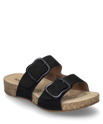 La sandalo nera è realizzata in materiale morbido e presenta due ampie cinghie con chiusura in velcro. Ha una comoda suola in sughero e un design semplice ed elegante.