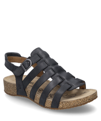 Sandalo nero con chiusura in velcro realizzato in pelle con una comoda soletta in sughero. Il sandalo si distingue per il suo elegante design a cinturino e la suola robusta e antiscivolo.