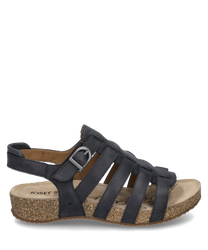 Sandalo nero con chiusura in velcro realizzato in pelle con una comoda soletta in sughero. Il sandalo si distingue per il suo elegante design a cinturino e la suola robusta e antiscivolo.