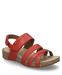 Sandale rouge avec fermeture velcro composée de cuir lisse et tressé. La semelle est en liège et offre un bon confort de port. Idéale pour l'été alliant style et fonctionnalité.