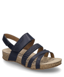 Elegante Sandale in Dunkelblau mit Klettverschluss bestehend aus glattem und geflochtenem Material. Die hellbraune leicht strukturierte Sohle bietet Komfort und Stil.