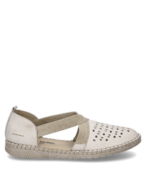 An off-white half shoe with elastic rubber band closure made from a soft fabric material. The shoe features a unique hole pattern on the upper side and a durable sole.