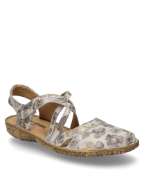 Elegante sandaal met bloemmotief in beige en grijs. Voorzien van praktische klittenbandsluiting en een vlak gestructureerd loopvlak voor optimaal draagcomfort.