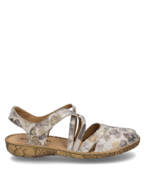 Elegante sandaal met bloemmotief in beige en grijs. Voorzien van praktische klittenbandsluiting en een vlak gestructureerd loopvlak voor optimaal draagcomfort.