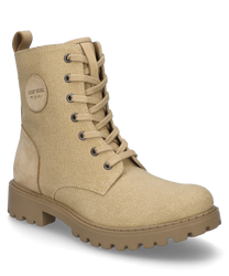 Botas beige con cordones de material de lona resistente. El zapato presenta un logotipo de la marca en el lateral y un talón reforzado de imitación de cuero para mayor sujeción.