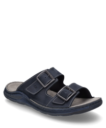 Dark blue sandal with two adjustable buckles as closure. Made of smooth leather with contrasting stitching it offers comfort and style for everyday wear.