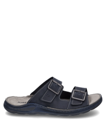 Dark blue sandal with two adjustable buckles as closure. Made of smooth leather with contrasting stitching it offers comfort and style for everyday wear.