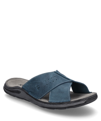 This azure blue sandal is made of leather and features an open design without a closure. The wide crossed straps provide comfort and style making it ideal for casual summer outfits.
