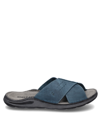 This azure blue sandal is made of leather and features an open design without a closure. The wide crossed straps provide comfort and style making it ideal for casual summer outfits.