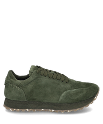 Zielone sneakersy z zamszu z sznurowaniem. Solidna podeszwa i minimalistyczny design dla stylowego sportowego wyglądu.