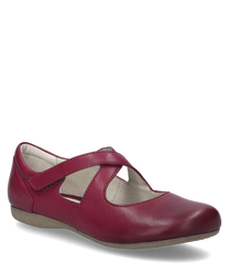 Berry-colored ballerina shoes made of smooth leather with Velcro closure and subtle logo embossing on the side. The shoe features a flat comfortable sole and an elegant cut making it ideal for everyday wear.