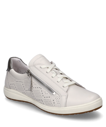 The sneaker in white-platinum features a modern design with lacing and a decorative zipper on the side. The upper material is perforated and made of high-quality leather accented with a contrasting heel cap.